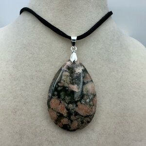 Cherry Blossom Lodolite Quartz Teardrop Pendant on Black Faux Suede Toggle Clasp